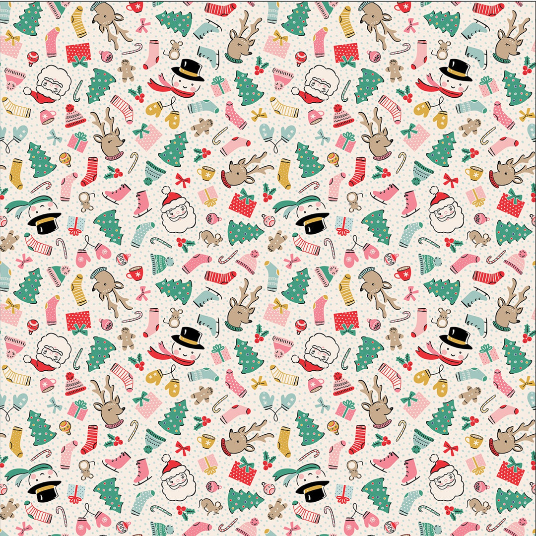 Cotton quilting fabric pattern called 'Multi Cozy Wishes'. Part of the 'Oh What Fun' fabric collection. Designed by Elea Lutz for fabric company Poppie Cotton. SKU: OF23301. 44-45 inch width.