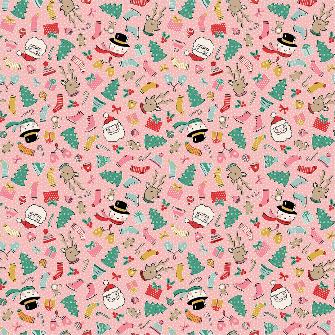 Cotton quilting fabric pattern called 'Pink Cozy Wishes'. Part of the 'Oh What Fun' fabric collection. Designed by Elea Lutz for fabric company Poppie Cotton. SKU: OF23302. 44-45 inch width.