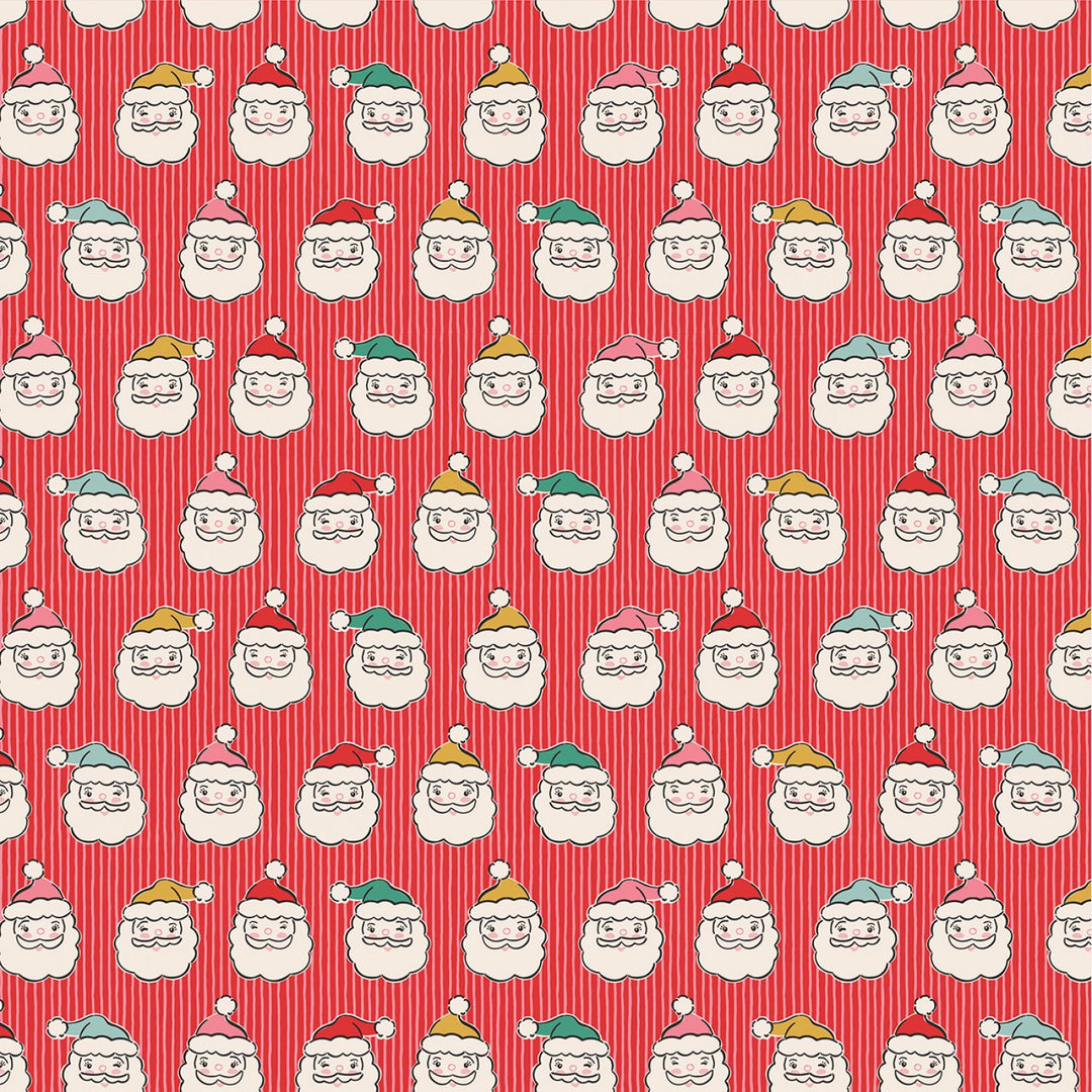 Cotton quilting fabric pattern called 'Red Santa Heads'. Part of the 'Oh What Fun' fabric collection. Designed by Elea Lutz for fabric company Poppie Cotton. SKU: OF23318. 44-45 inch width.