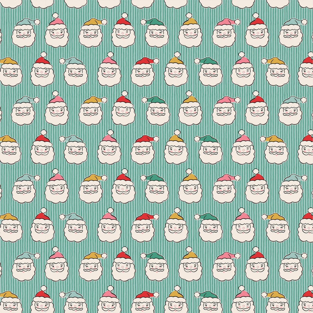 Cotton quilting fabric pattern called 'Green Santa Heads'. Part of the 'Oh What Fun' fabric collection. Designed by Elea Lutz for fabric company Poppie Cotton. SKU: OF23319. 44-45 inch width.