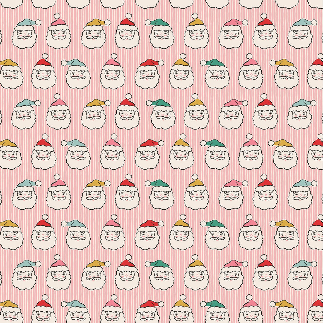 Cotton quilting fabric pattern called 'Pink Santa Heads'. Part of the 'Oh What Fun' fabric collection. Designed by Elea Lutz for fabric company Poppie Cotton. SKU: OF23320. 44-45 inch width.