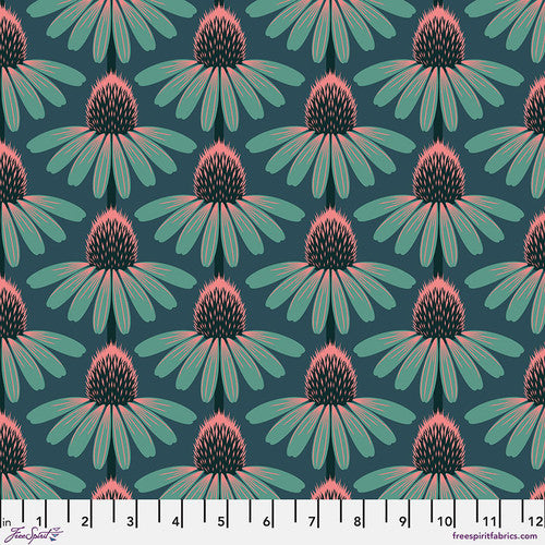 Cotton quilting fabric pattern called 'Echinacea in Dim'. Part of the 'Love Always, AM' fabric collection. Designed by Anna Maria Horner for fabric company Free Spirit. SKU: PWAH075.DIM. 44-45 inch width.