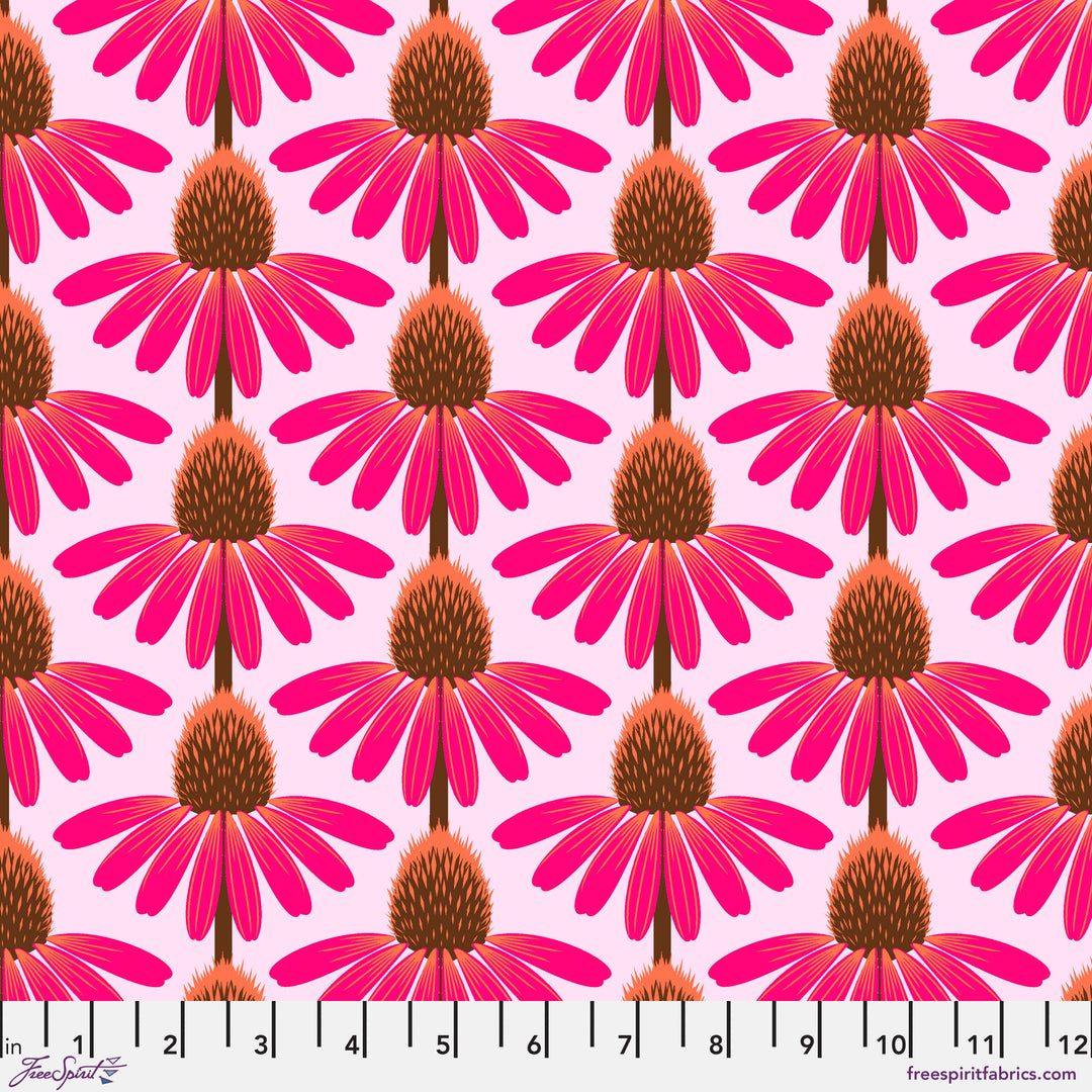 Cotton quilting fabric pattern called 'Echinacea in Maraschino'. Part of the 'Love Always, AM' fabric collection. Designed by Anna Maria Horner for fabric company Free Spirit. SKU: PWAH075.MARASCHINO. 44-45 inch width.