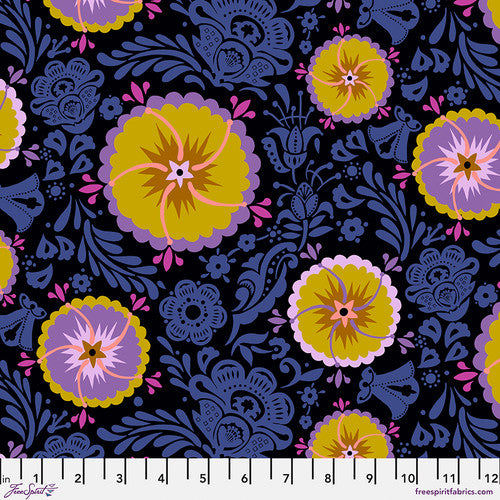 Cotton quilting fabric pattern called 'Fortune in Moonlight'. Part of the 'Love Always, AM' fabric collection. Designed by Anna Maria Horner for fabric company Free Spirit. SKU: PWAH087.MOONLIGHT. 44-45 inch width.