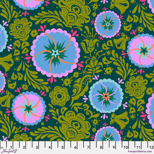 Cotton quilting fabric pattern called 'Fortune in Pickle'. Part of the 'Love Always, AM' fabric collection. Designed by Anna Maria Horner for fabric company Free Spirit. SKU: PWAH087.PICKLE. 44-45 inch width.