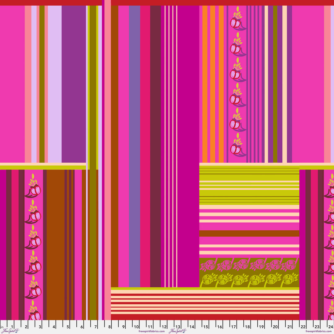 Cotton quilting fabric pattern called 'Belonging in Juicy'. Part of the 'AM Loves HUE' fabric collection. Designed by Anna Maria Horner for fabric company Free Spirit Fabrics. SKU: PWAH126.JUICY. 44-45 inch width.