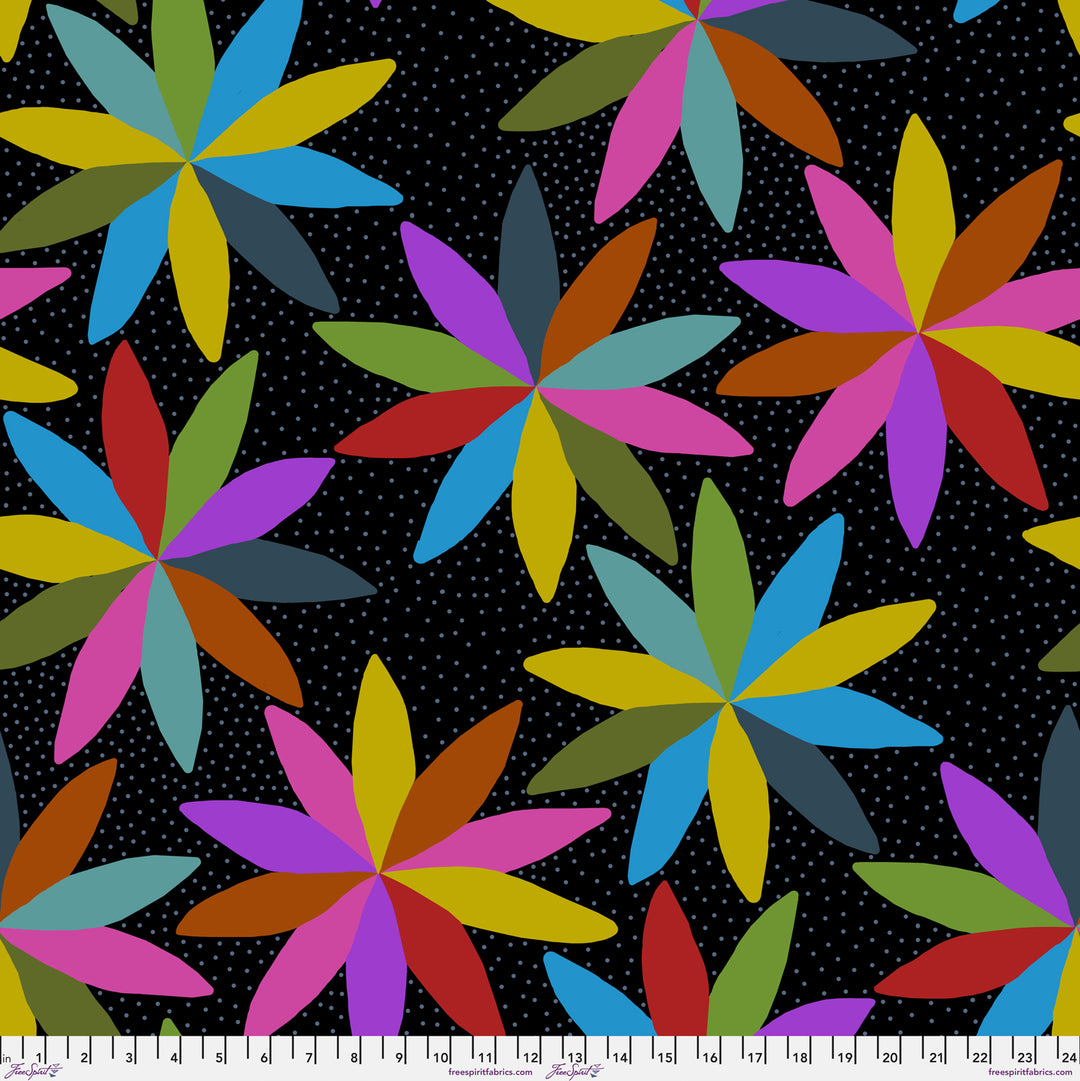 Cotton quilting fabric pattern called 'Cartwheels in Parade'. Part of the 'AM Loves HUE' fabric collection. Designed by Anna Maria Horner for fabric company Free Spirit Fabrics. SKU: PWAH127.PARADE. 44-45 inch width.