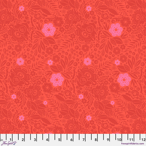 Cotton quilting fabric pattern called 'Lace in Coral'. Part of the 'Love Always, AM' fabric collection. Designed by Anna Maria Horner for fabric company Free Spirit. SKU: PWAH132.CORAL. 44-45 inch width.