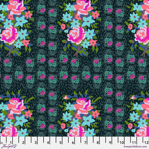 Cotton quilting fabric pattern called 'Stitched Bouquet in Dim'. Part of the 'Love Always, AM' fabric collection. Designed by Anna Maria Horner for fabric company Free Spirit. SKU: PWAH147.DIM. 44-45 inch width.