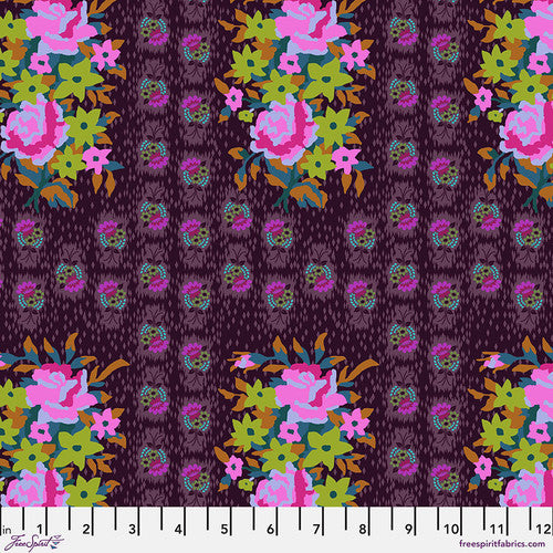 Cotton quilting fabric pattern called 'Stitched Bouquet in Eggplant'. Part of the 'Love Always, AM' fabric collection. Designed by Anna Maria Horner for fabric company Free Spirit. SKU: PWAH147.EGGPLANT. 44-45 inch width.