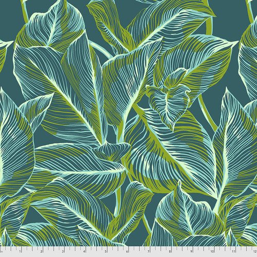 Cotton quilting fabric pattern called 'Canna in Jade'. Part of the 'Made My Day' fabric collection. Designed by Anna Maria Horner for fabric company Free Spirit Fabrics. SKU: PWAH162.JADE. 44-45 inch width.