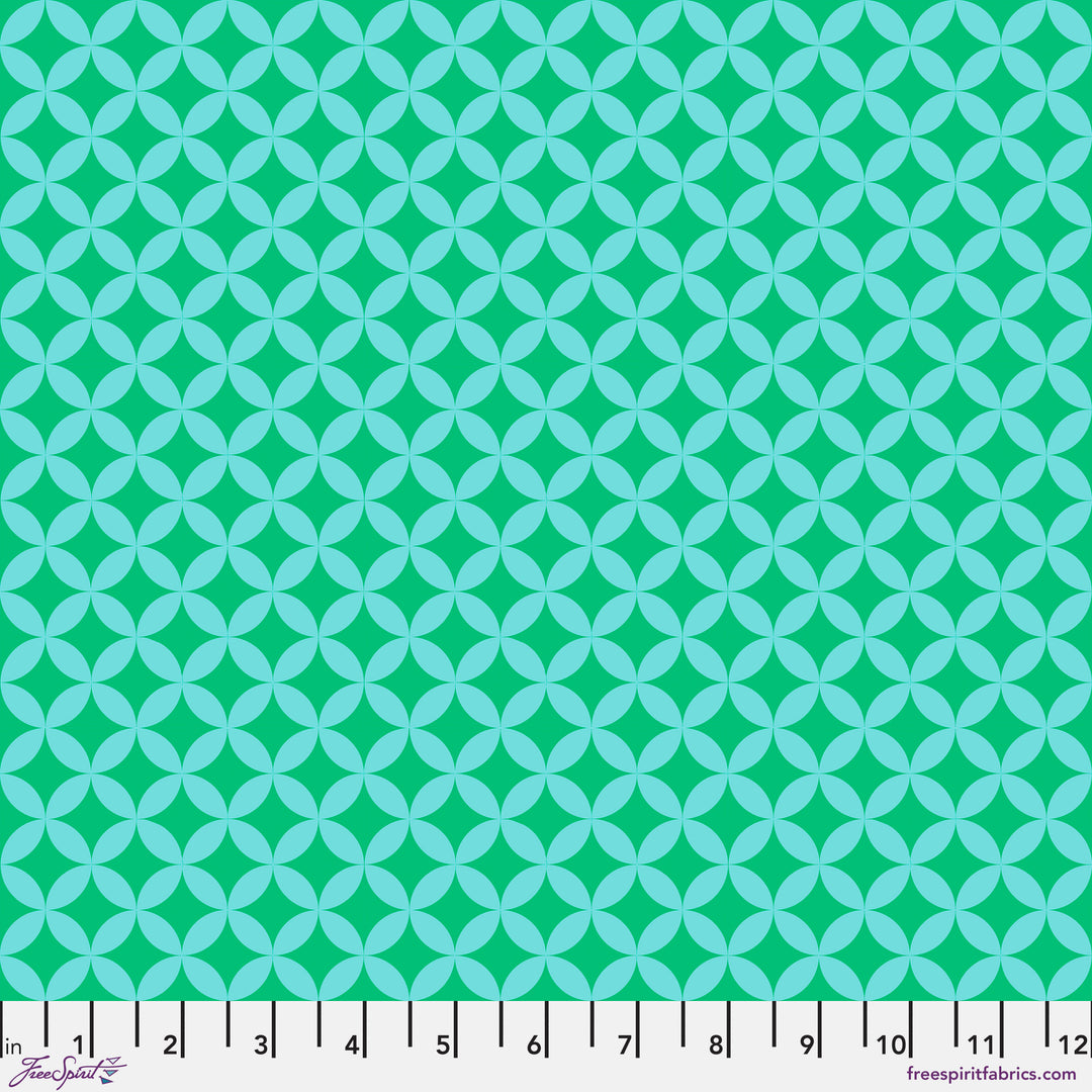 Cotton quilting fabric pattern called 'Cathedral in Jade'. Part of the 'Love Always, AM' fabric collection. Designed by Anna Maria Horner for fabric company Free Spirit. SKU: PWAH202.JADE. 44-45 inch width.