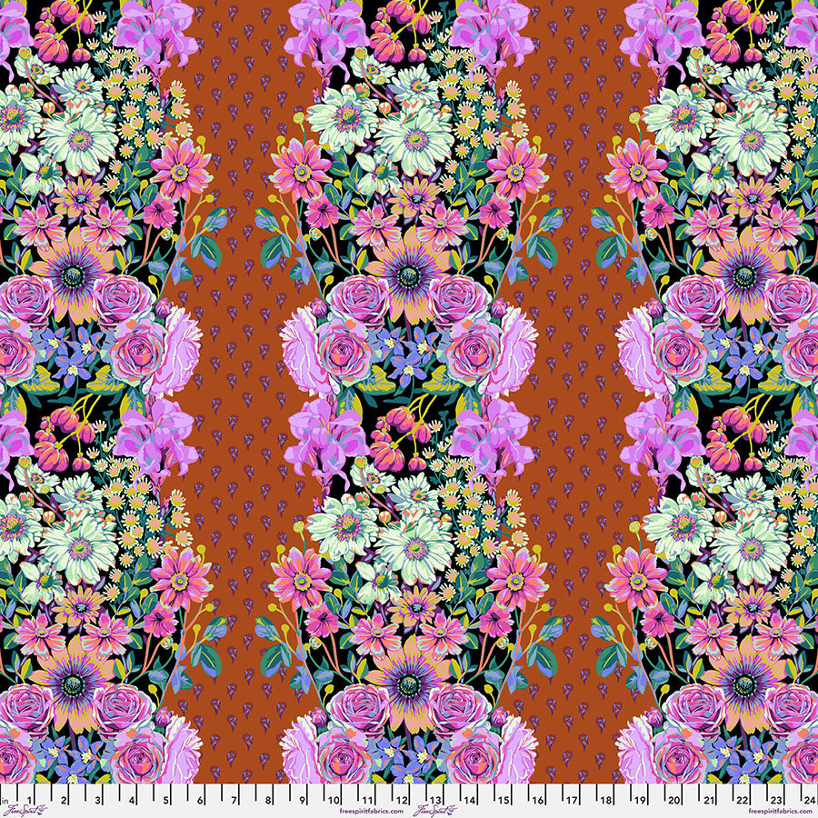 Cotton quilting fabric pattern called 'Beata's Garden in Rust'. Part of the 'Good Gracious' fabric collection. Designed by Anna Maria Horner for fabric company Free Spirit Fabrics. SKU: PWAH217.RUST. 44-45 inch width.