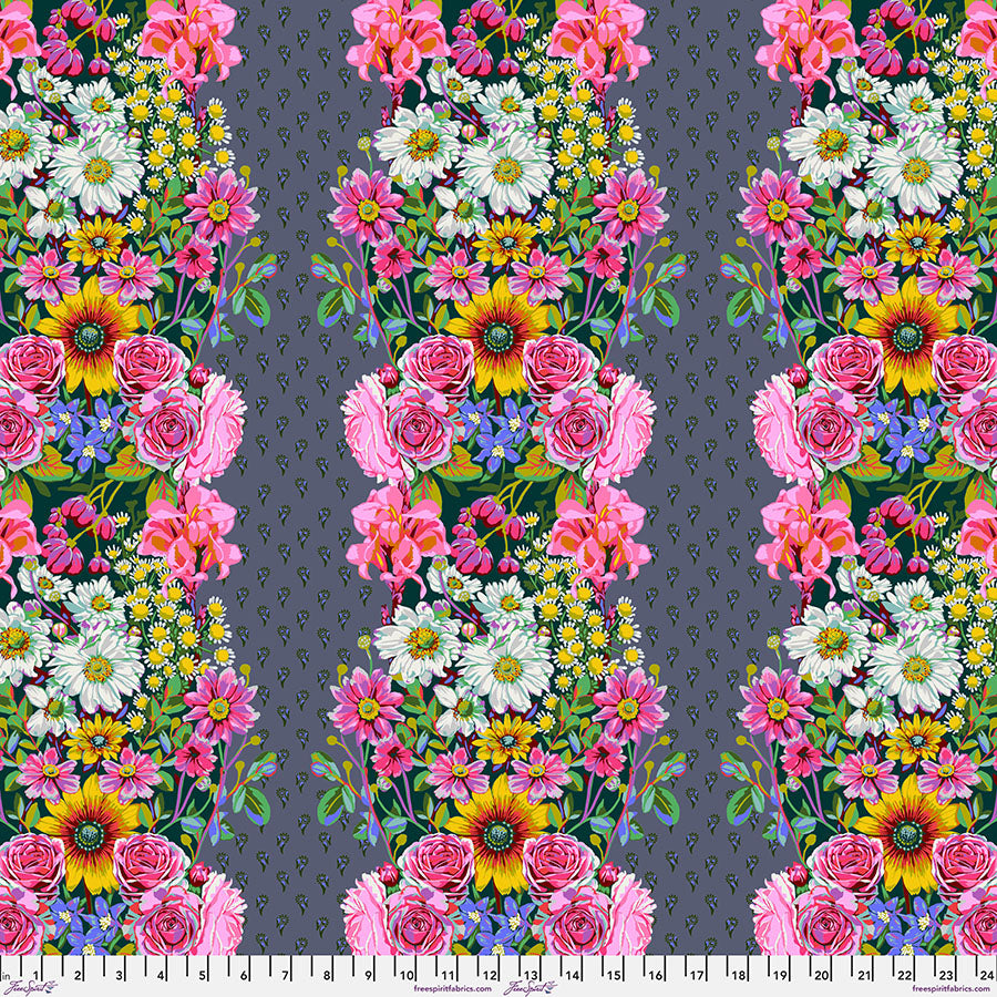 Cotton quilting fabric pattern called 'Beata's Garden in Steel'. Part of the 'Good Gracious' fabric collection. Designed by Anna Maria Horner for fabric company Free Spirit Fabrics. SKU: PWAH217.STEEL. 44-45 inch width.