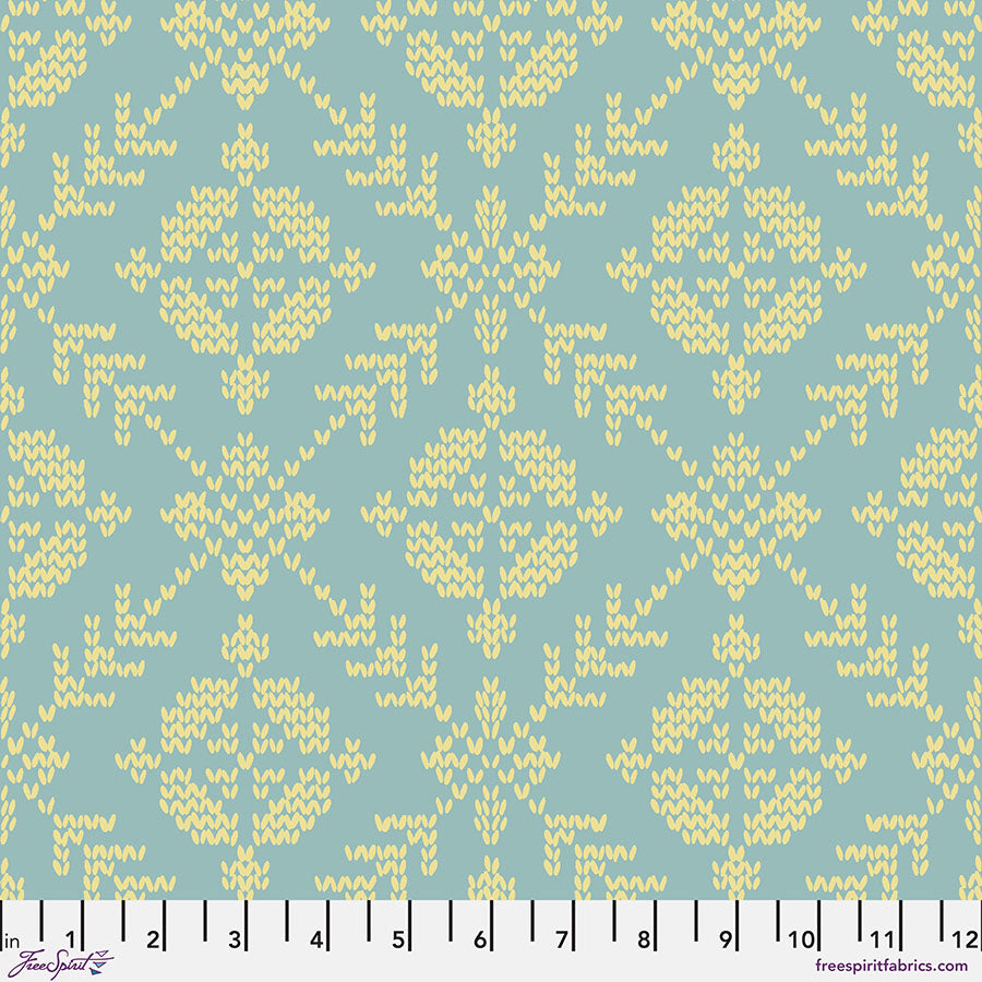 Cotton quilting fabric pattern called 'Fair Isle in Sky'. Part of the 'Good Gracious' fabric collection. Designed by Anna Maria Horner for fabric company Free Spirit Fabrics. SKU: PWAH219.SKY. 44-45 inch width.