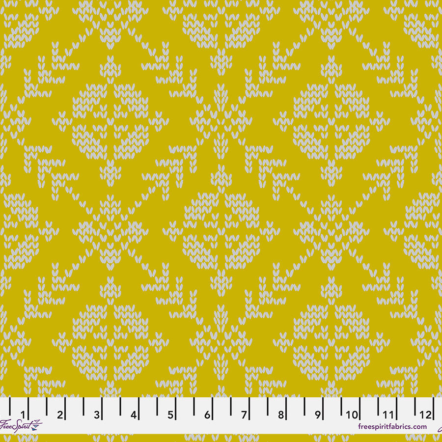 Cotton quilting fabric pattern called 'Fair Isle in Sun'. Part of the 'Good Gracious' fabric collection. Designed by Anna Maria Horner for fabric company Free Spirit Fabrics. SKU: PWAH219.SUN. 44-45 inch width.