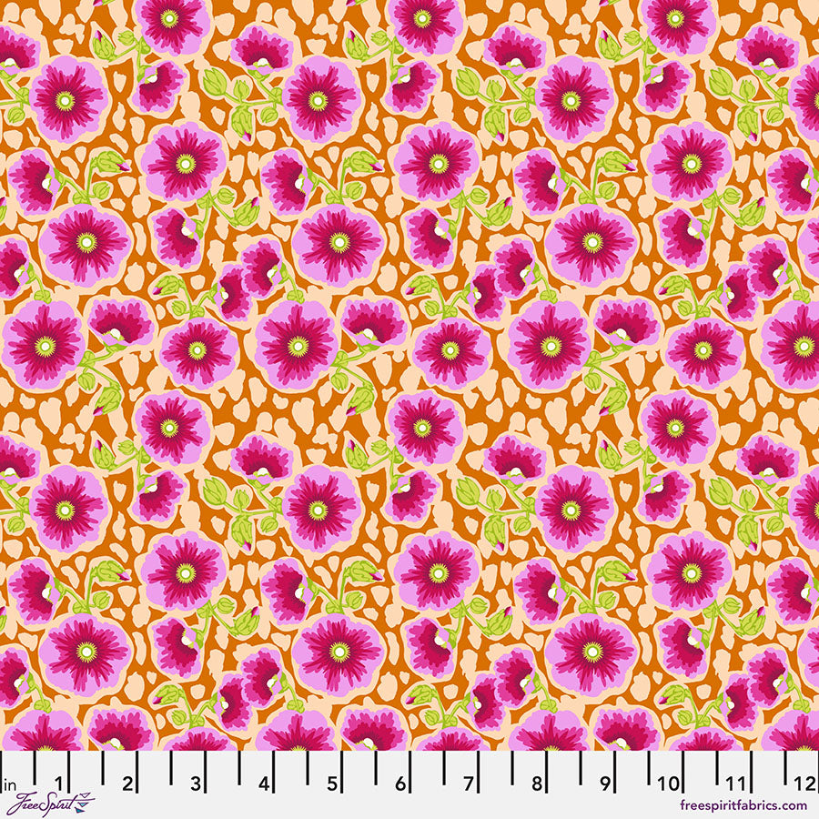 Cotton quilting fabric pattern called 'Happy Blooms in Caramel'. Part of the 'Good Gracious' fabric collection. Designed by Anna Maria Horner for fabric company Free Spirit Fabrics. SKU: PWAH220.CARAMEL. 44-45 inch width.