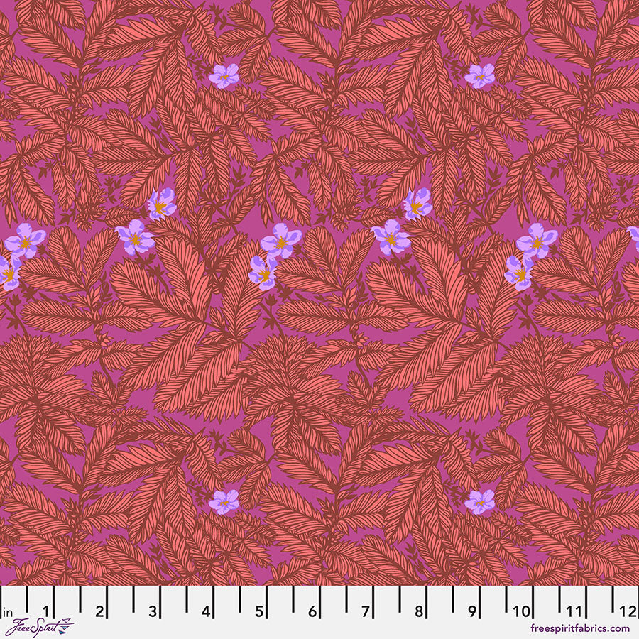 Cotton quilting fabric pattern called 'Silverweed in Coral'. Part of the 'Good Gracious' fabric collection. Designed by Anna Maria Horner for fabric company Free Spirit Fabrics. SKU: PWAH222.CORAL. 44-45 inch width.