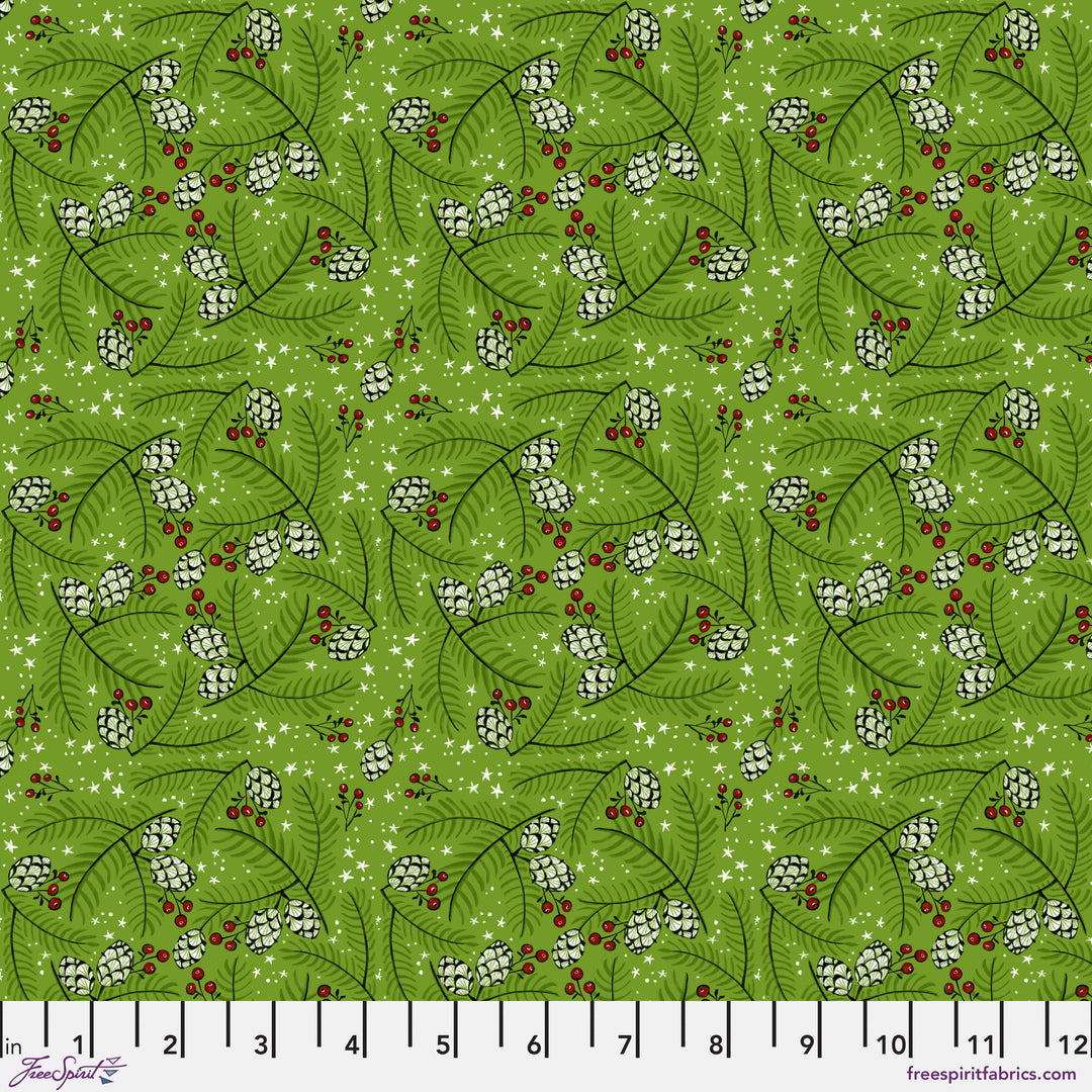 Cotton quilting fabric pattern called 'Pine Cones and Stars in Green'. Part of the 'Winter Joy' fabric collection. Designed by Cori Dantini for fabric company Free Spirit. SKU: PWCD099.XGREEN. 44-45 inch width.