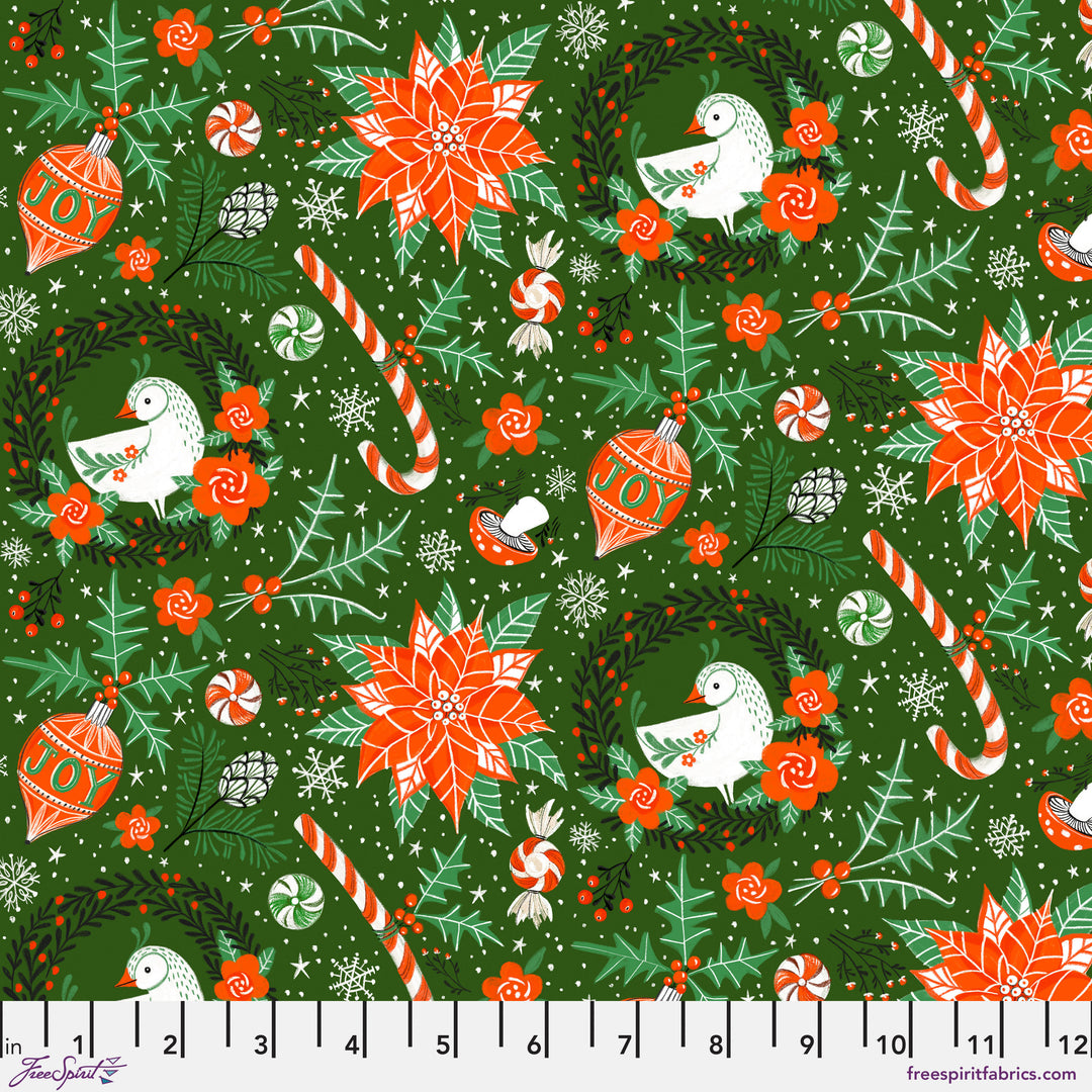 Cotton quilting fabric pattern called 'Sweet Tree in Hunter'. Part of the 'Winter Joy' fabric collection. Designed by Cori Dantini for fabric company Free Spirit. SKU: PWCD100.XHUNTER. 44-45 inch width.