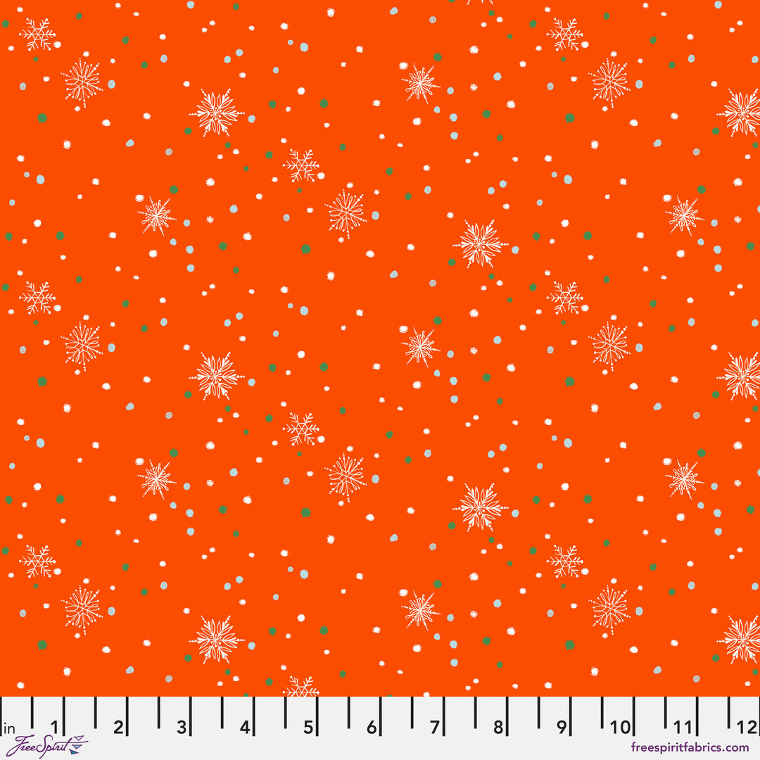 Cotton quilting fabric pattern called 'Snow Drops in Red'. Part of the 'Winter Joy' fabric collection. Designed by Cori Dantini for fabric company Free Spirit. SKU: PWCD101.XRED. 44-45 inch width.