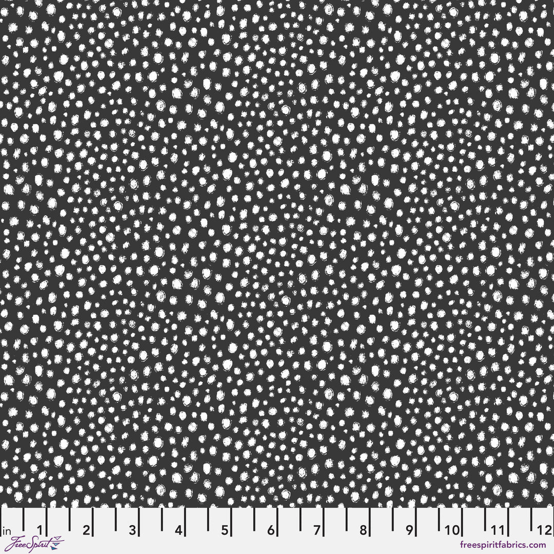 Cotton quilting fabric pattern called 'Flurries in Charcoal'. Part of the 'Winter Joy' fabric collection. Designed by Cori Dantini for fabric company Free Spirit. SKU: PWCD102.XCHARCOAL. 44-45 inch width.