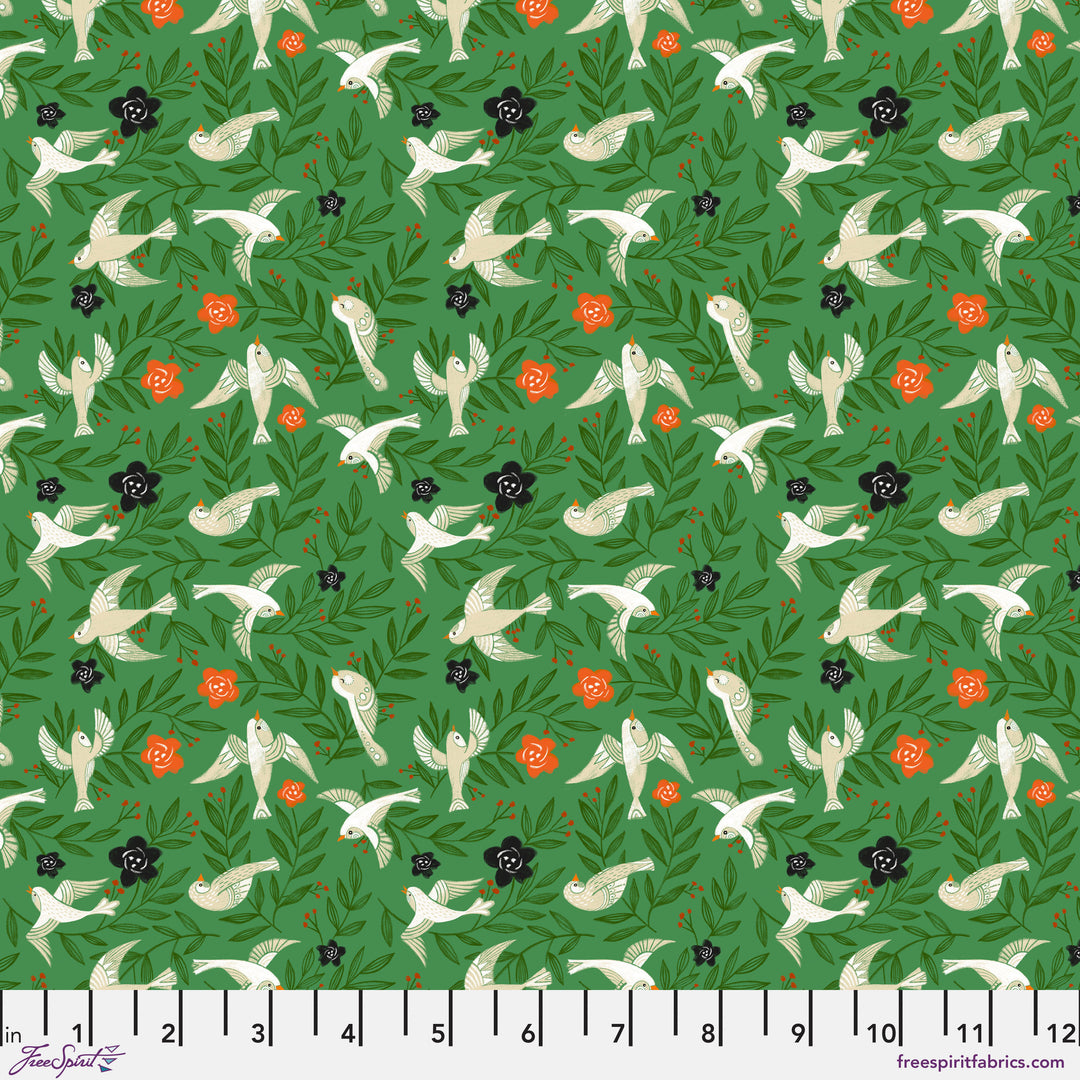 Cotton quilting fabric pattern called 'Flying Floral in Forest'. Part of the 'Winter Joy' fabric collection. Designed by Cori Dantini for fabric company Free Spirit. SKU: PWCD103.XFOREST. 44-45 inch width.