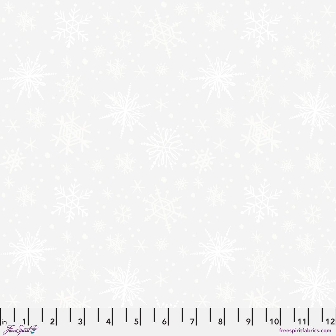 Cotton quilting fabric pattern called 'Dancing Snowflake in White'. Part of the 'Winter Joy' fabric collection. Designed by Cori Dantini for fabric company Free Spirit. SKU: PWCD108.XWHITE. 44-45 inch width.