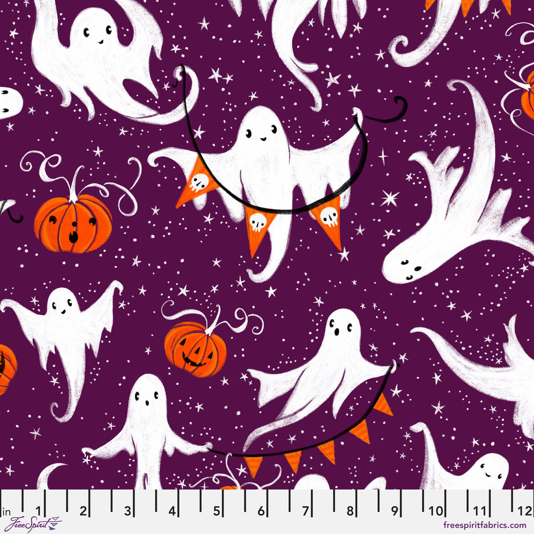 Cotton quilting fabric pattern called 'A Time for Ghosts in Purple'. Part of the 'Ghostly Greetings' fabric collection. Designed by Cori Dantini for fabric company Free Spirit. SKU: PWCD110.XPURPLE. 44-45 inch width.