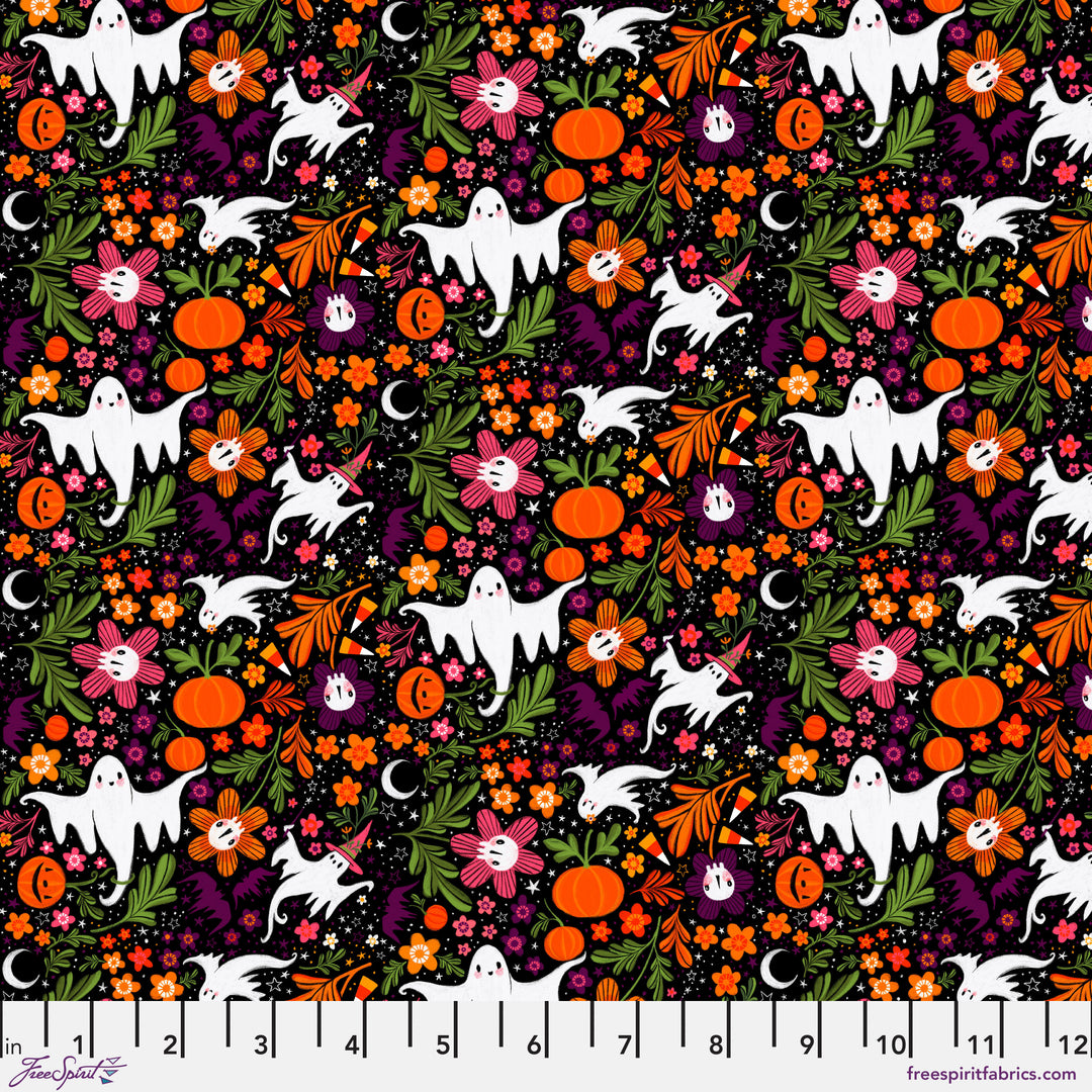 Cotton quilting fabric pattern called 'Spooktacular in Black'. Part of the 'Ghostly Greetings' fabric collection. Designed by Cori Dantini for fabric company Free Spirit. SKU: PWCD111.XBLACK. 44-45 inch width.