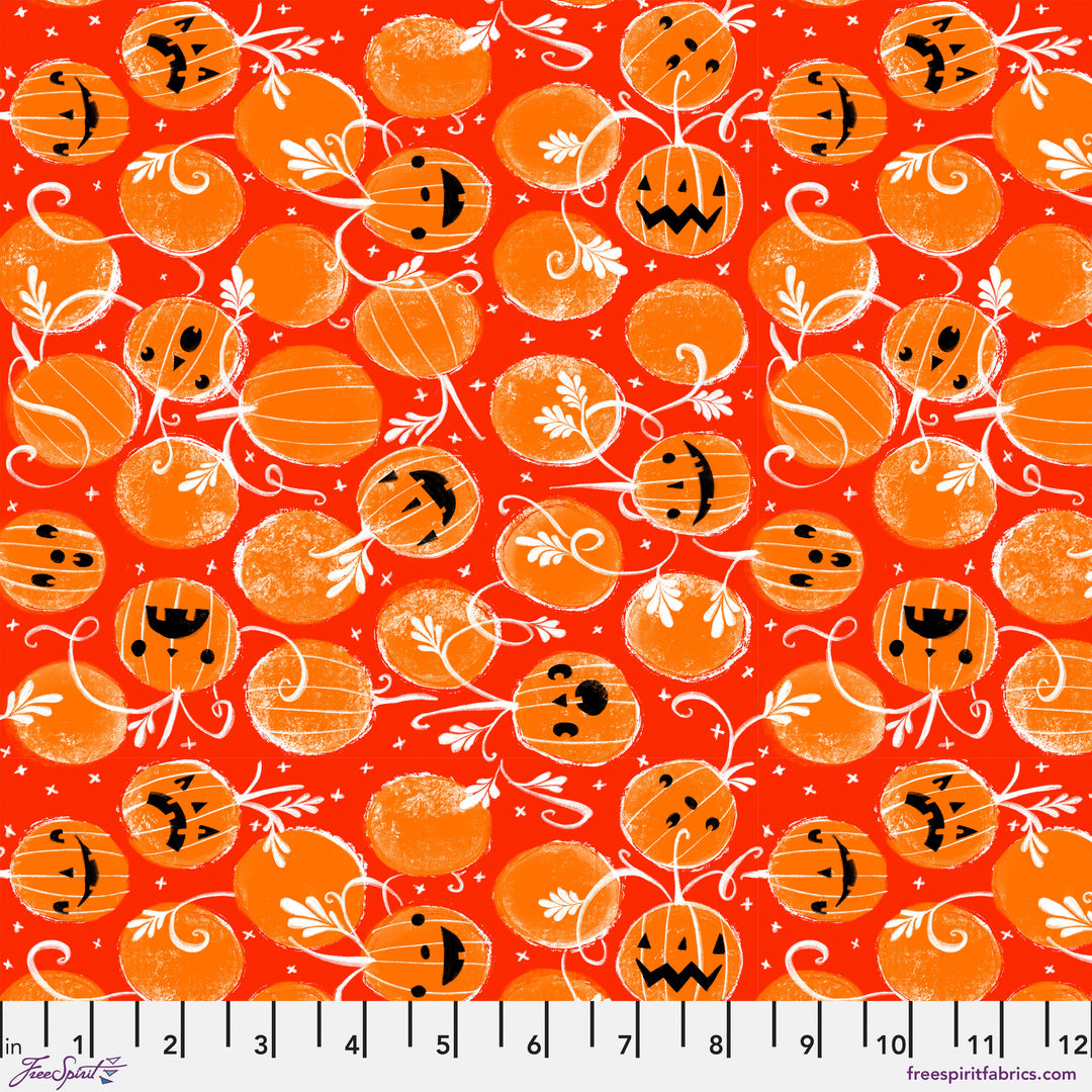 Cotton quilting fabric pattern called 'Happy Jacks in Pumpkin'. Part of the 'Ghostly Greetings' fabric collection. Designed by Cori Dantini for fabric company Free Spirit. SKU: PWCD112.XPUMPKIN. 44-45 inch width.