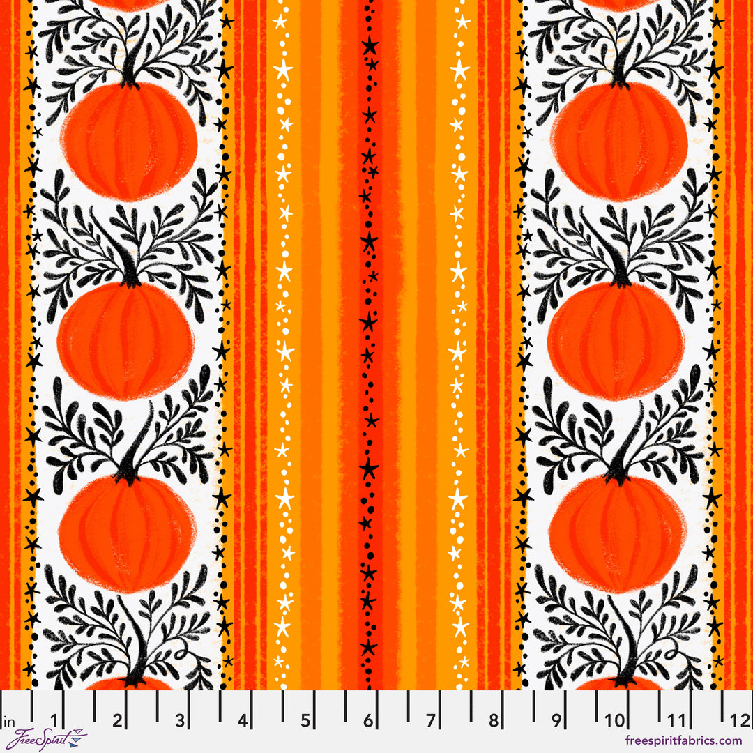 Cotton quilting fabric pattern called 'Pumpkin Vines in Orange'. Part of the 'Ghostly Greetings' fabric collection. Designed by Cori Dantini for fabric company Free Spirit. SKU: PWCD113.XORANGE . 44-45 inch width.