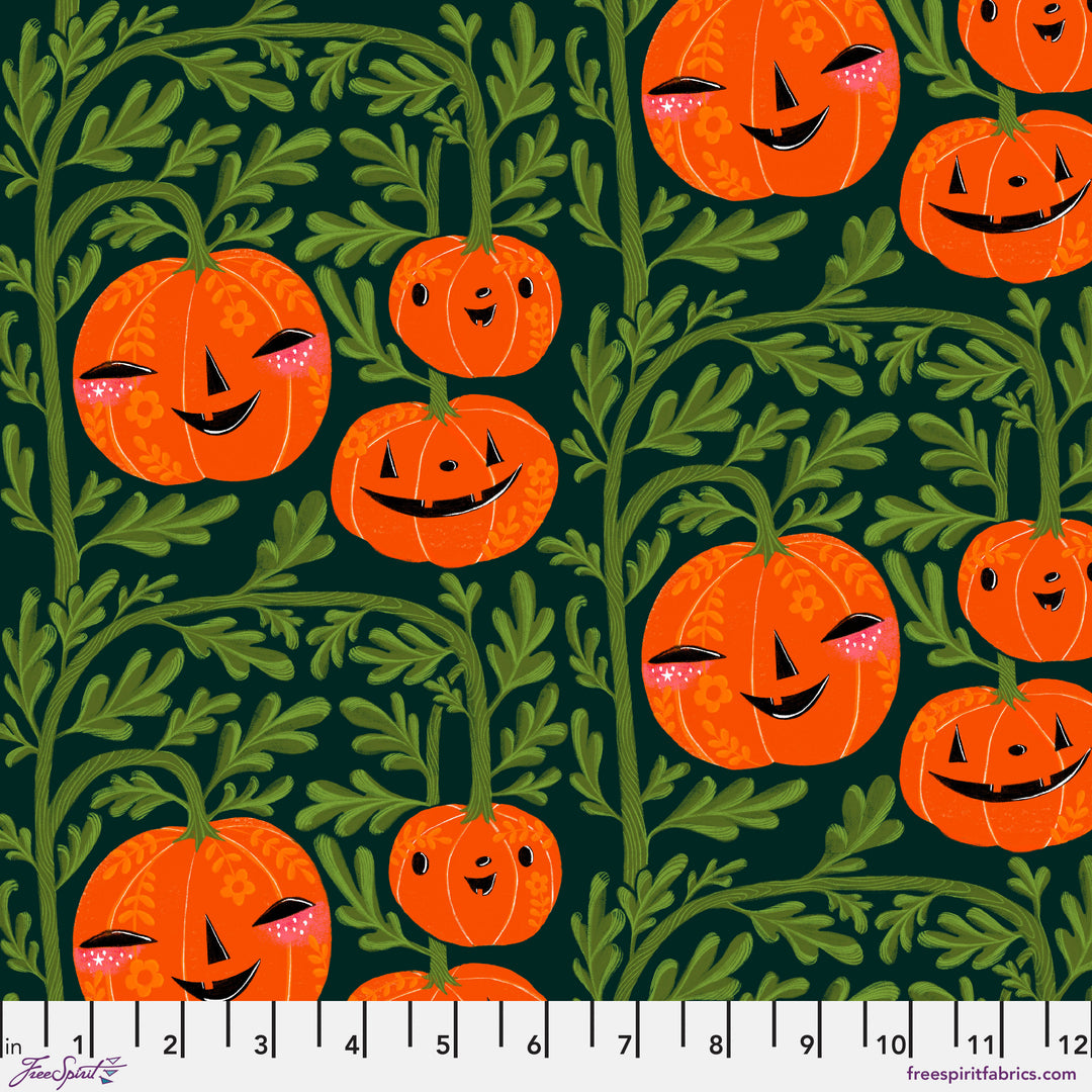 Cotton quilting fabric pattern called 'Pumpkin Head in Green'. Part of the 'Ghostly Greetings' fabric collection. Designed by Cori Dantini for fabric company Free Spirit. SKU: PWCD114.XGREEN. 44-45 inch width.