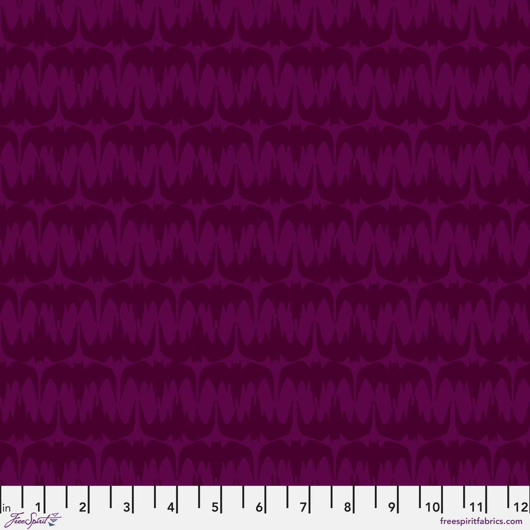 Cotton quilting fabric pattern called 'Batty Bats in Purple'. Part of the 'Ghostly Greetings' fabric collection. Designed by Cori Dantini for fabric company Free Spirit. SKU: PWCD116.XPURPLE. 44-45 inch width.