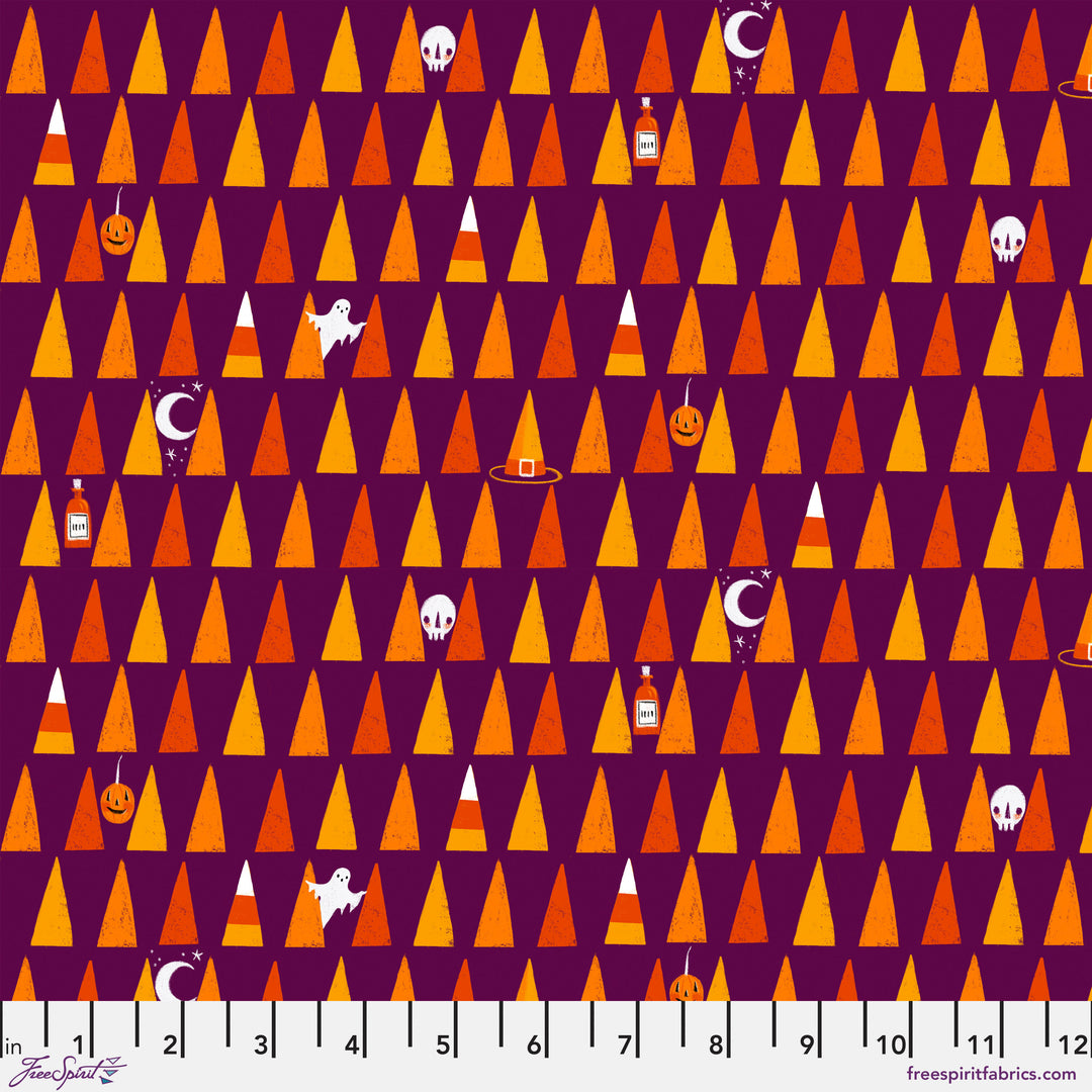 Cotton quilting fabric pattern called 'Candy Corn in Purple'. Part of the 'Ghostly Greetings' fabric collection. Designed by Cori Dantini for fabric company Free Spirit. SKU: PWCD117.XPURPLE. 44-45 inch width.