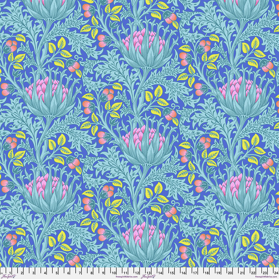 Cotton quilting fabric pattern called 'Artichoke in Blue'. Part of the 'Kaffe x The Original Morris & Co.' fabric collection. Designed by Kaffe Fassett and William Morris for fabric company Free Spirit Fabrics. SKU: PWKW001.BLUE. 44-45 inch width.