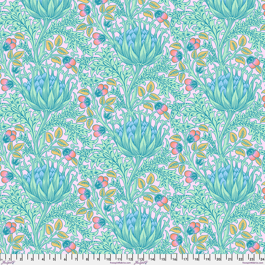 Cotton quilting fabric pattern called 'Artichoke in Lavender'. Part of the 'Kaffe x The Original Morris & Co.' fabric collection. Designed by Kaffe Fassett and William Morris for fabric company Free Spirit Fabrics. SKU: PWKW001.LAVENDER. 44-45 inch width.