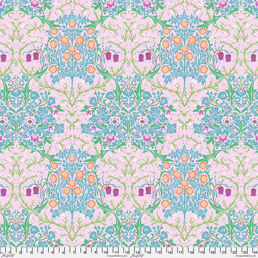 Cotton quilting fabric pattern called 'Blackthorn in Pink'. Part of the 'Kaffe x The Original Morris & Co.' fabric collection. Designed by Kaffe Fassett and William Morris for fabric company Free Spirit Fabrics. SKU: PWKW002.PINK. 44-45 inch width.