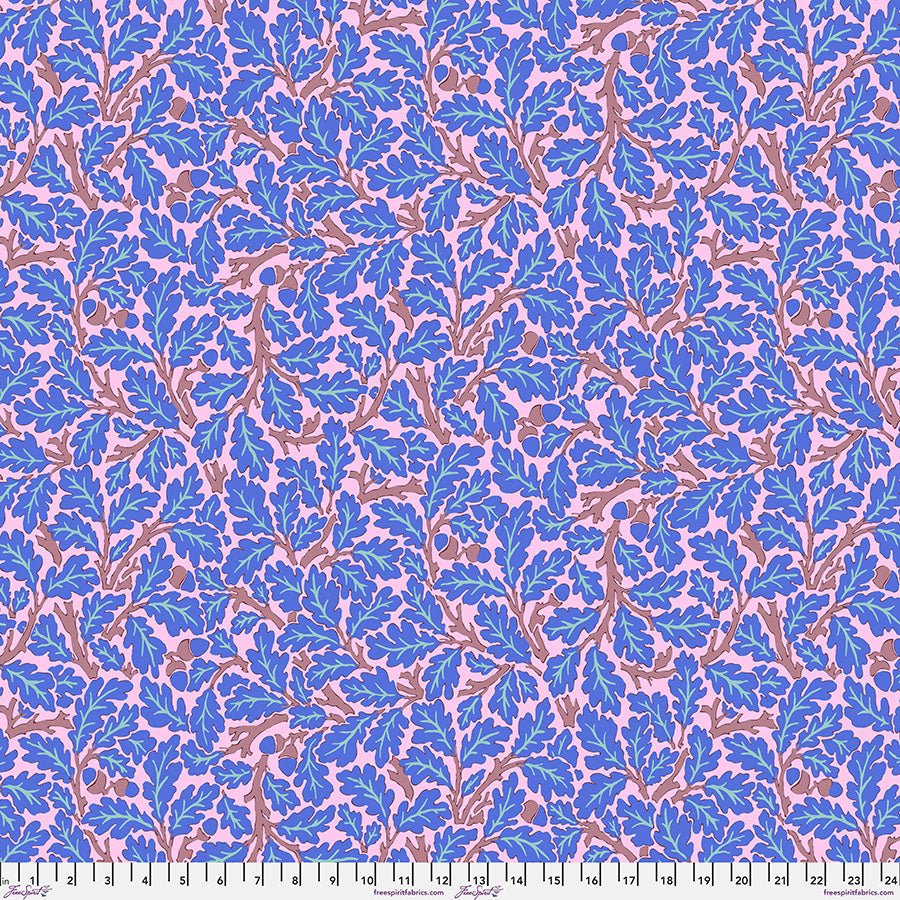 Cotton quilting fabric pattern called 'Oak in Blue'. Part of the 'Kaffe x The Original Morris & Co.' fabric collection. Designed by Kaffe Fassett and William Morris for fabric company Free Spirit Fabrics. SKU: PWKW003.BLUE. 44-45 inch width.