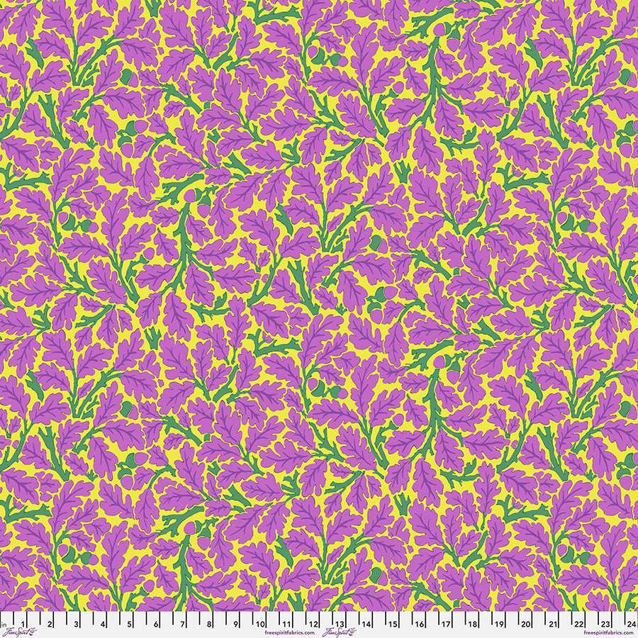 Cotton quilting fabric pattern called 'Oak in Violet'. Part of the 'Kaffe x The Original Morris & Co.' fabric collection. Designed by Kaffe Fassett and William Morris for fabric company Free Spirit Fabrics. SKU: PWKW003.VIOLET. 44-45 inch width.