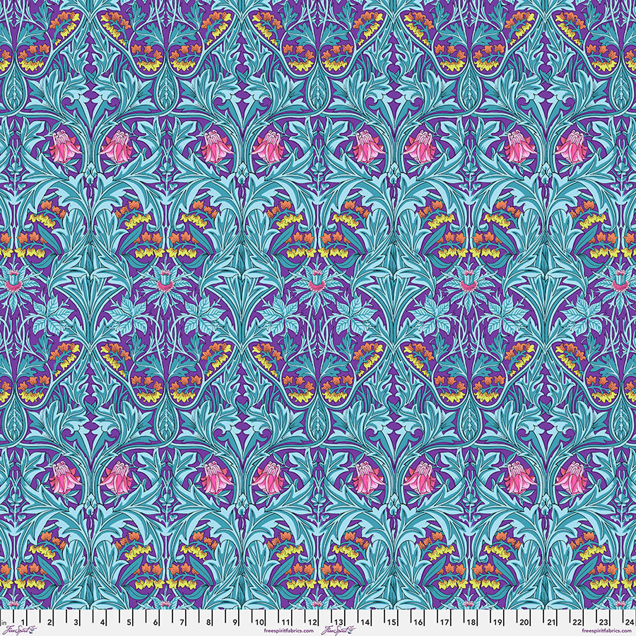 Cotton quilting fabric pattern called 'Bluebell in Purple'. Part of the 'Kaffe x The Original Morris & Co.' fabric collection. Designed by Kaffe Fassett and William Morris for fabric company Free Spirit Fabrics. SKU: PWKW004.PURPLE. 44-45 inch width.