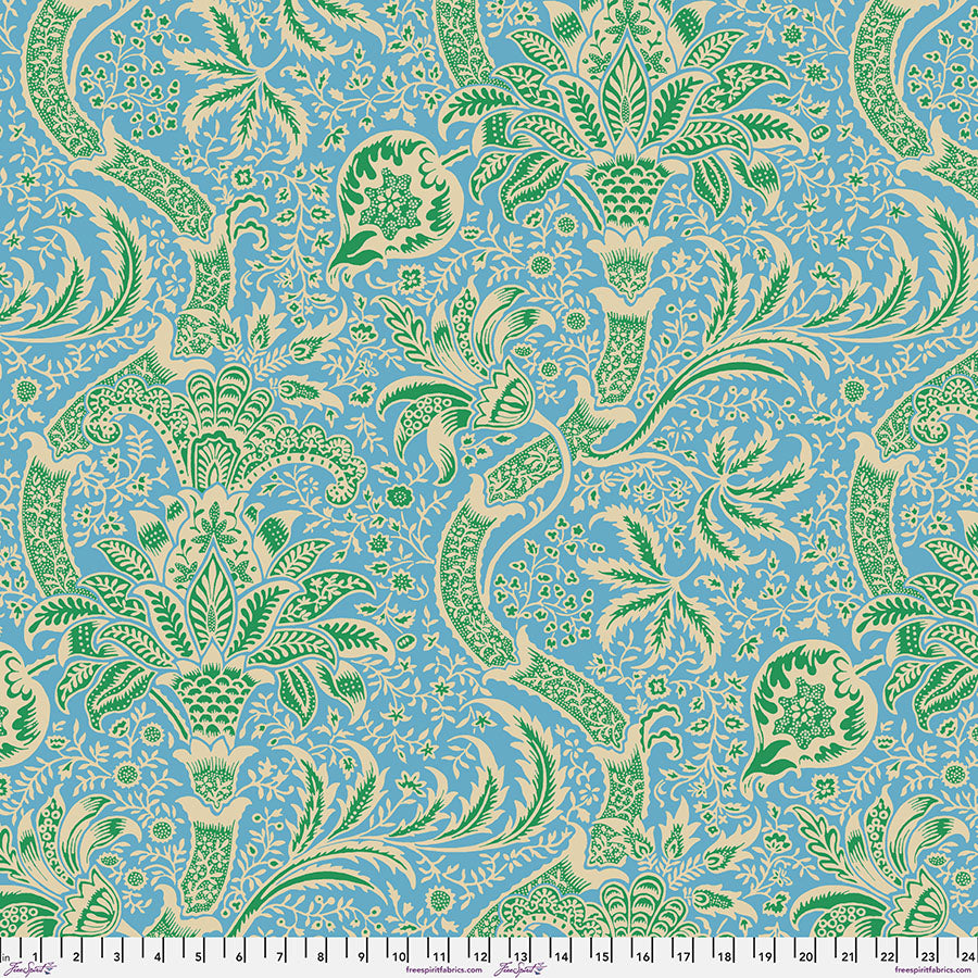 Cotton quilting fabric pattern called 'Indian in Aqua'. Part of the 'Kaffe x The Original Morris & Co.' fabric collection. Designed by Kaffe Fassett and William Morris for fabric company Free Spirit Fabrics. SKU: PWKW005.AQUA. 44-45 inch width.