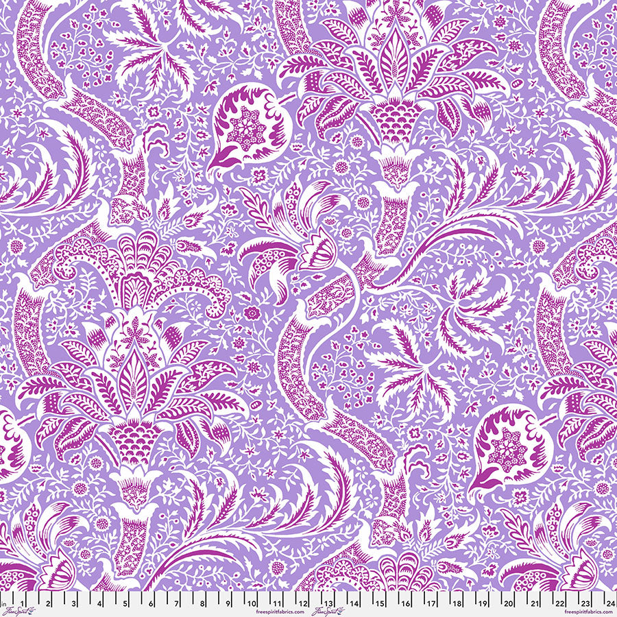 Cotton quilting fabric pattern called 'Indian in Lavender'. Part of the 'Kaffe x The Original Morris & Co.' fabric collection. Designed by Kaffe Fassett and William Morris for fabric company Free Spirit Fabrics. SKU: PWKW005.LAVENDER. 44-45 inch width.