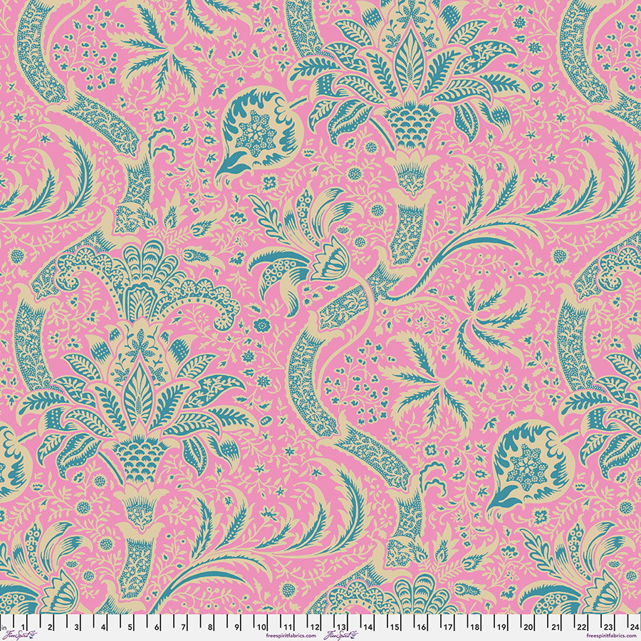 Cotton quilting fabric pattern called 'Indian in Opera'. Part of the 'Kaffe x The Original Morris & Co.' fabric collection. Designed by Kaffe Fassett and William Morris for fabric company Free Spirit Fabrics. SKU: PWKW005.OPERA. 44-45 inch width.