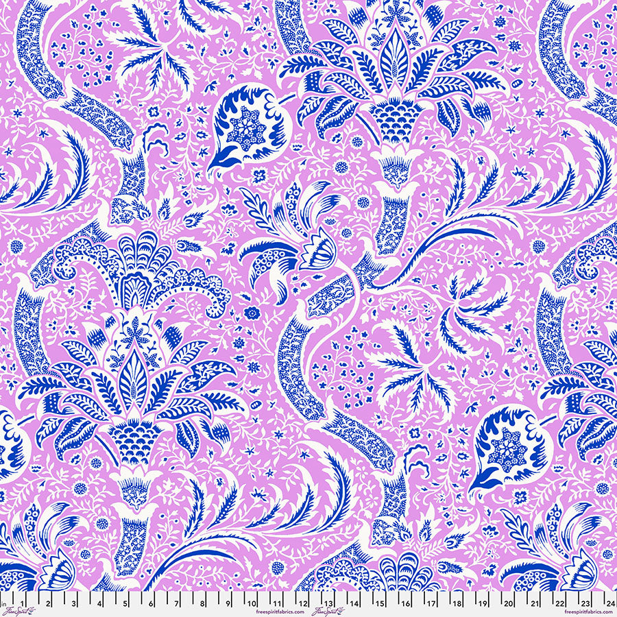 Cotton quilting fabric pattern called 'Indian in Pink'. Part of the 'Kaffe x The Original Morris & Co.' fabric collection. Designed by Kaffe Fassett and William Morris for fabric company Free Spirit Fabrics. SKU: PWKW005.PINK. 44-45 inch width.