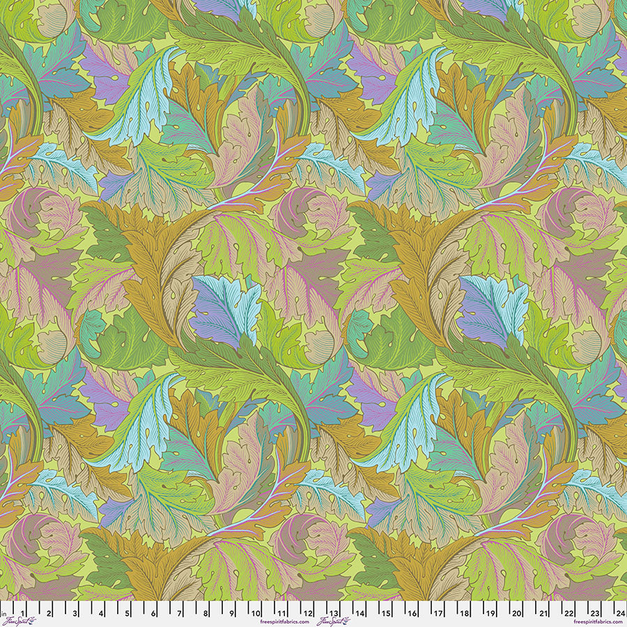 Cotton quilting fabric pattern called 'Acanthus in Jade'. Part of the 'Kaffe x The Original Morris & Co.' fabric collection. Designed by Kaffe Fassett and William Morris for fabric company Free Spirit Fabrics. SKU: PWKW006.JADE. 44-45 inch width.