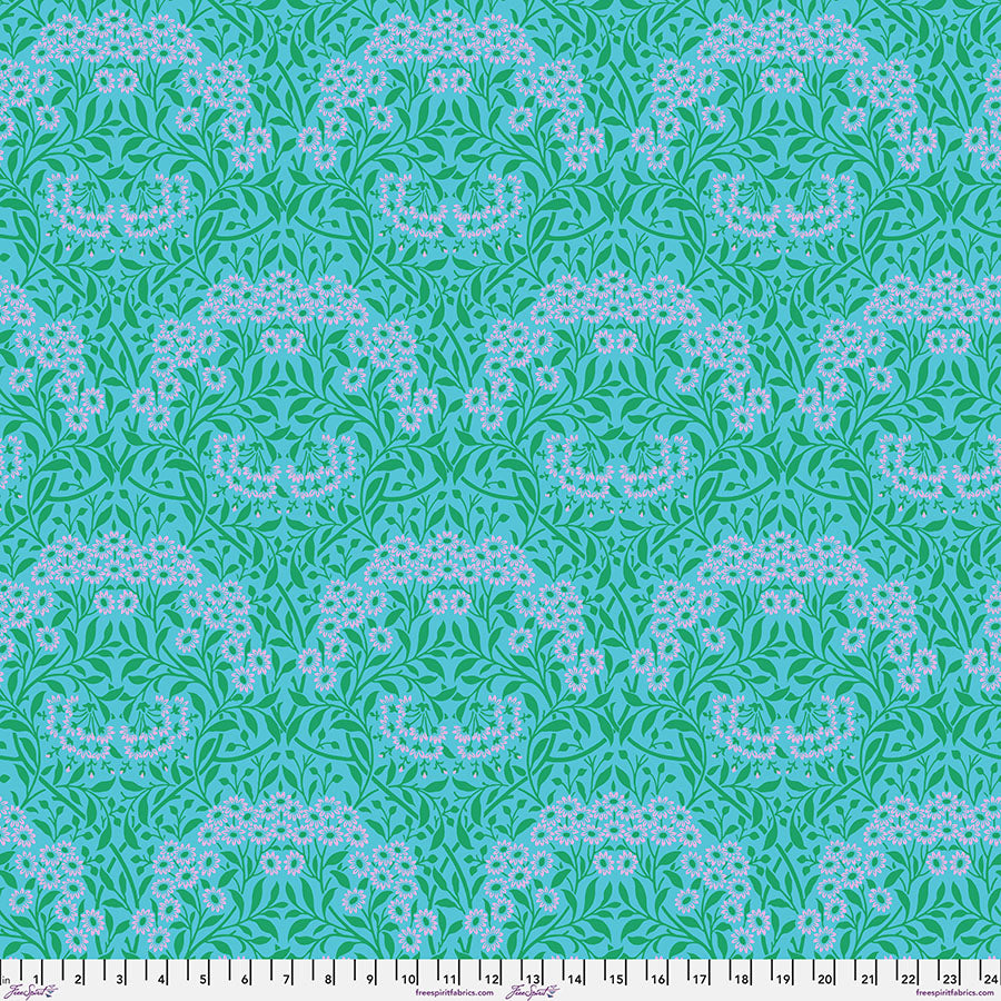 Cotton quilting fabric pattern called 'Michaelmas Daisy in Aqua'. Part of the 'Kaffe x The Original Morris & Co.' fabric collection. Designed by Kaffe Fassett and William Morris for fabric company Free Spirit Fabrics. SKU: PWKW007.AQUA. 44-45 inch width.