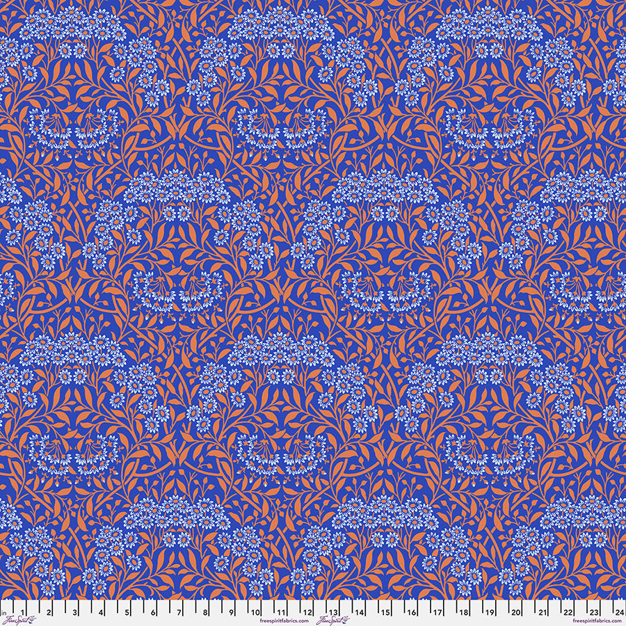 Cotton quilting fabric pattern called 'Michaelmas Daisy in Cobalt'. Part of the 'Kaffe x The Original Morris & Co.' fabric collection. Designed by Kaffe Fassett and William Morris for fabric company Free Spirit Fabrics. SKU: PWKW007.COBALT. 44-45 inch width.