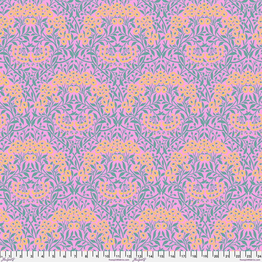 Cotton quilting fabric pattern called 'Michaelmas Daisy in Pink'. Part of the 'Kaffe x The Original Morris & Co.' fabric collection. Designed by Kaffe Fassett and William Morris for fabric company Free Spirit Fabrics. SKU: PWKW007.PINK. 44-45 inch width.