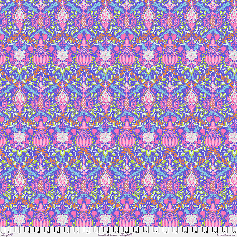 Cotton quilting fabric pattern called 'Granada in Purple'. Part of the 'Kaffe x The Original Morris & Co.' fabric collection. Designed by Kaffe Fassett and William Morris for fabric company Free Spirit Fabrics. SKU: PWKW008.PURPLE. 44-45 inch width.